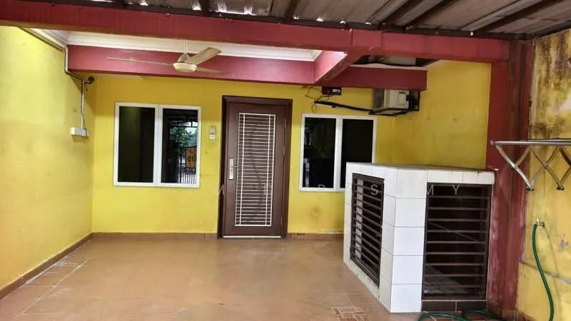 Room features: yellow painted walls, brown front door with vertical slats, floor-to-ceiling windows, ceiling fan, wall-mounted air conditioning unit, tiled flooring, white tiled feature wall, metal railing, exposed ceiling beams.