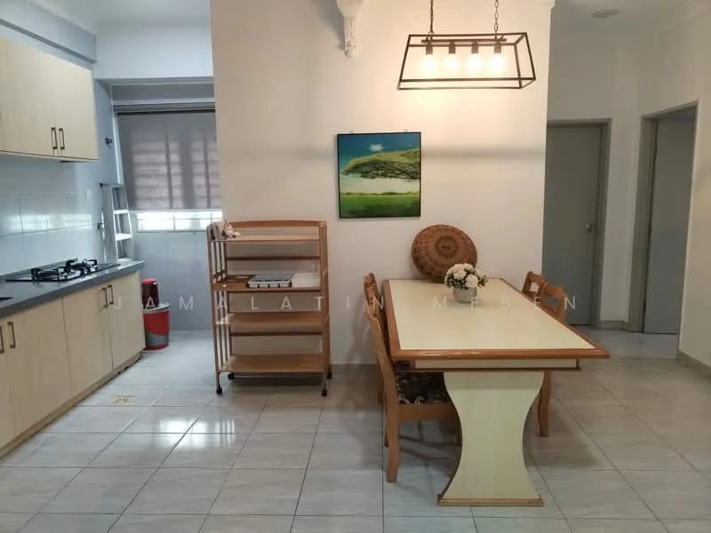 Dining features: dining table with light wood finish, upholstered dining chairs, pendant light fixture with three bulbs, cream walls, grey tiled flooring, wooden serving cart, framed artwork on wall, window with sheer curtains, kitchen area visible in background, gas stove with stainless-steel finish; style: modern.