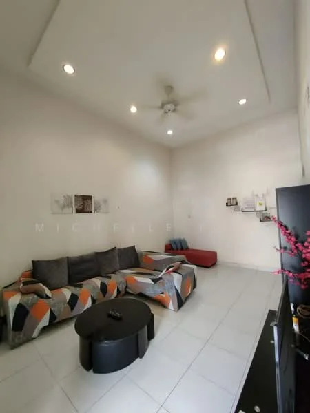 Living features: 5-blade ceiling fan with light, sofa with colorful geometric pattern, 2-seater red sofa, black round coffee table, white tiled flooring, plain white walls, recessed ceiling lights, wall-mounted shelves, decorative wall art; style: modern.