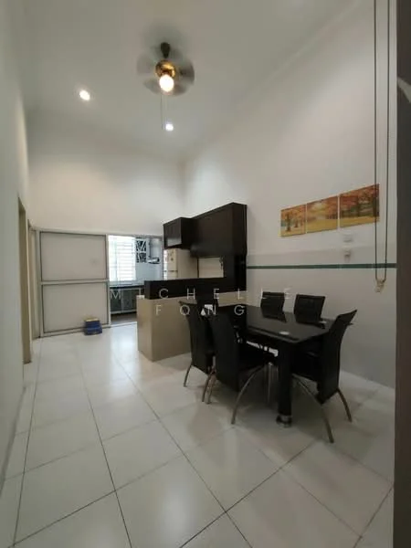 Dining features: white tiled flooring, white painted walls, 5-blade ceiling fan with light, dining table with 6 chairs, kitchen cabinetry with dark wood finish, countertop, recessed downlights, window with natural light; style: modern.