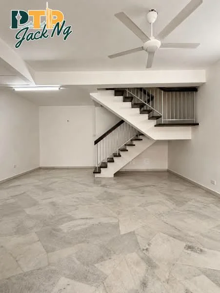 Room features: marble flooring, white painted walls, ceiling fan, staircase with wooden handrail, recessed lighting, open space layout; style: modern.