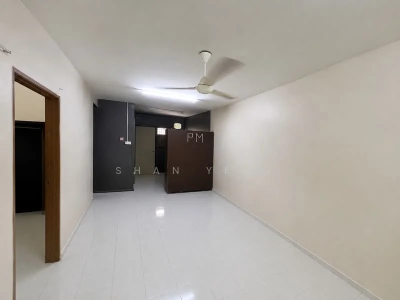 Room features: white painted walls, glossy white tile flooring, ceiling fan, single wooden door, partition wall, window with no visible treatment, light fixture on ceiling; style: minimalist.