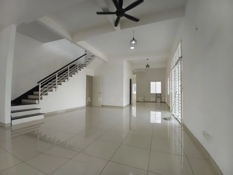 Room features: white painted walls, glossy ceramic tile flooring, ceiling fan, staircase with metal railing, large windows with horizontal blinds, recessed lighting, open layout, neutral color scheme; style: modern.