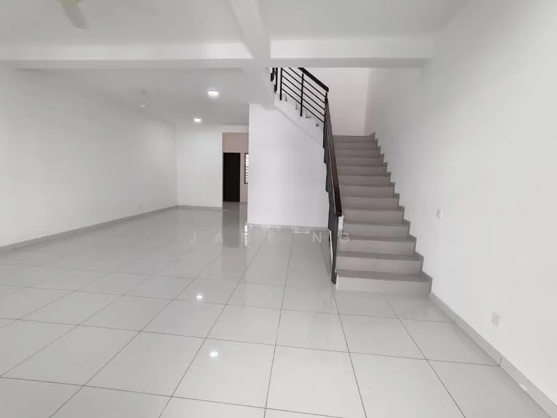 Room features: white painted walls, grey tiled flooring, staircase with metal railing, recessed downlights, open layout, large windows, high ceiling, no visible furniture; style: modern.