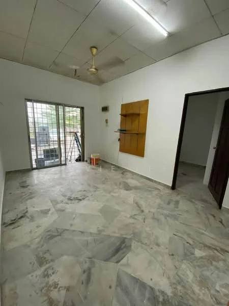 Room features: marble flooring, white painted walls, ceiling fan, large windows, wooden door, built-in shelving unit, light fixtures, sliding glass door.