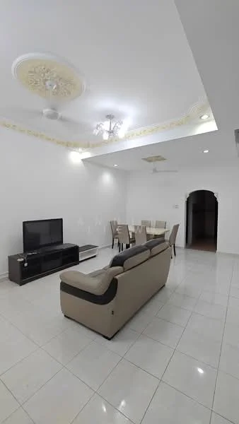 Living features: white painted walls, glossy tile flooring, tray ceiling with decorative molding, recessed downlights, 5-blade ceiling fan, 3-seater fabric sofa in beige, TV console, wall-mounted TV, dining table with 6 chairs, arched doorway leading to another room; style: modern.