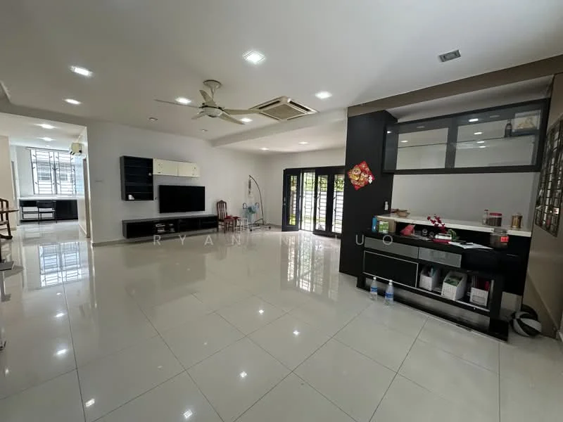 Living features: white painted walls, glossy ceramic tile flooring, 5-blade ceiling fan with light, wall-mounted TV, TV console, built-in cabinetry, large windows with black frames, sliding glass door, recessed LED downlights, decorative wall art; style: modern; view: garden.