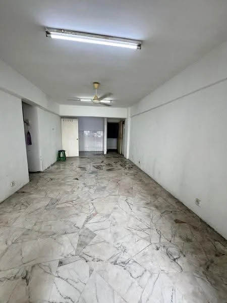 Room features: marble flooring, white painted walls, ceiling fan, fluorescent lighting, open layout, no visible furniture, large windows, neutral color scheme; style: minimalist.