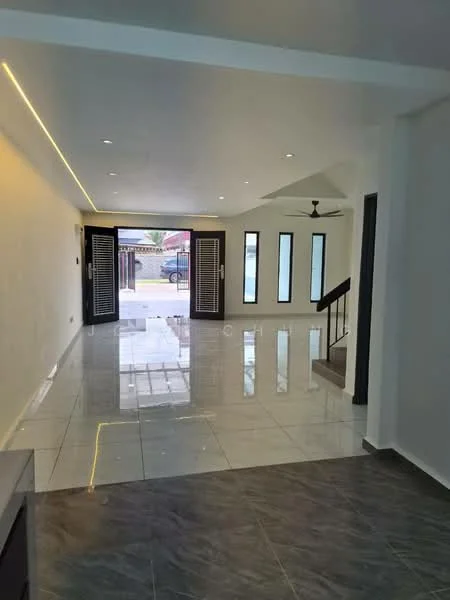 Living features: white painted walls, glossy tile flooring, 5-blade ceiling fan, recessed downlights, large sliding glass door, floor-to-ceiling windows, open layout, staircase with wooden railing; style: modern; view: garden.