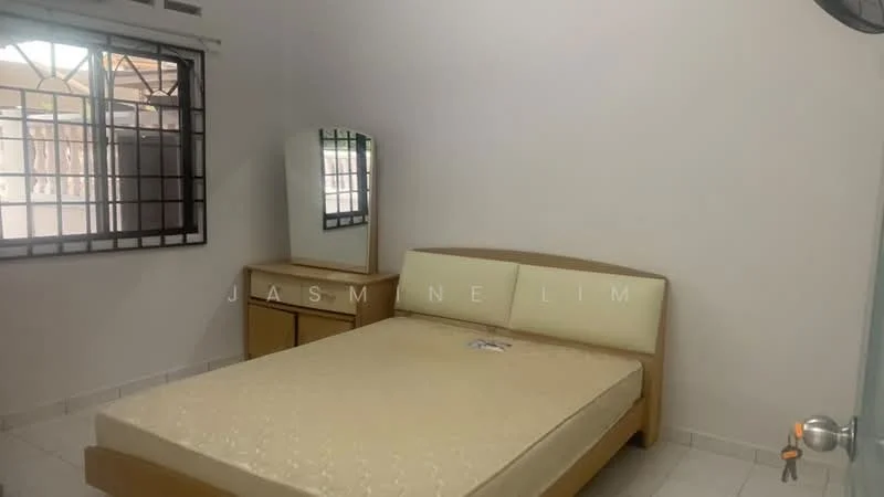 Bedroom features: queen-size bed with upholstered headboard, wooden bedside table, full-length mirror, white painted walls, white tiled flooring, window with metal grille, ceiling fan, built-in wardrobe; style: minimalist.