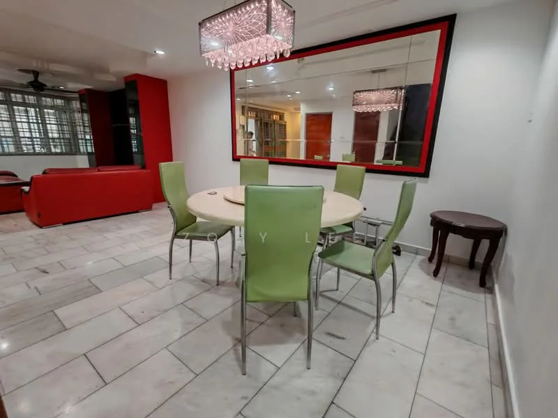 Dining features: round dining table, 6 green upholstered dining chairs, chandelier with crystals, white marble flooring, red accent wall, large mirror on wall, ceiling fan, wall-mounted shelving unit; style: modern. Living features: red leather sofa, coffee table, TV console, open layout to dining area; style: modern.
