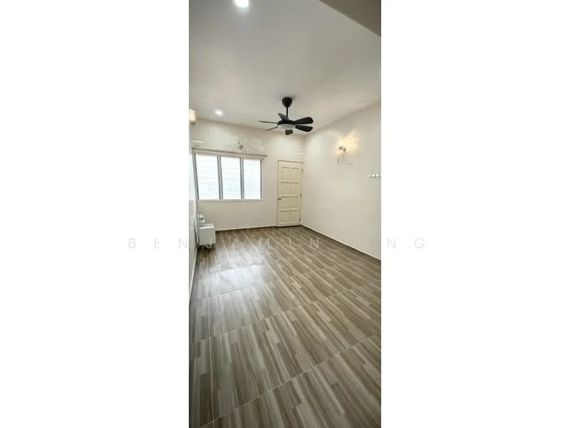 Room features: light wood-look tile flooring, white painted walls, ceiling fan with light, three-pane window, door with panel design, recessed lighting; style: modern.