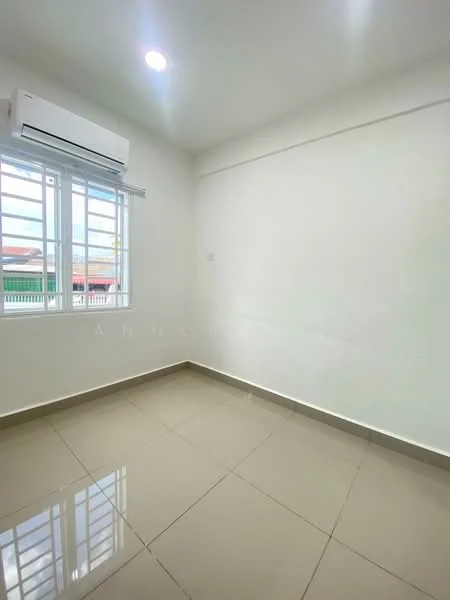 Room features: white painted walls, glossy tile flooring, 1 wall-mounted split AC, floor-to-ceiling windows, natural light from windows, no visible furniture, neutral color scheme, simple ceiling light; style: modern.