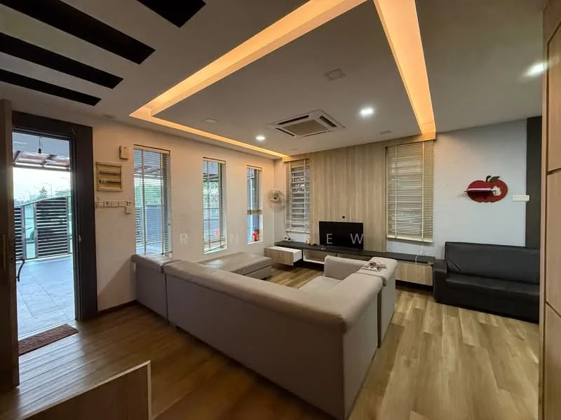 Living features: L-shaped fabric sofa in light grey, coffee table, wall-mounted TV, TV console, wood panel accent wall, recessed ceiling lights, air conditioning unit, laminate flooring, floor-to-ceiling windows with blinds, decorative wall art, ceiling with black wooden beams, open layout to adjacent area; style: modern.
