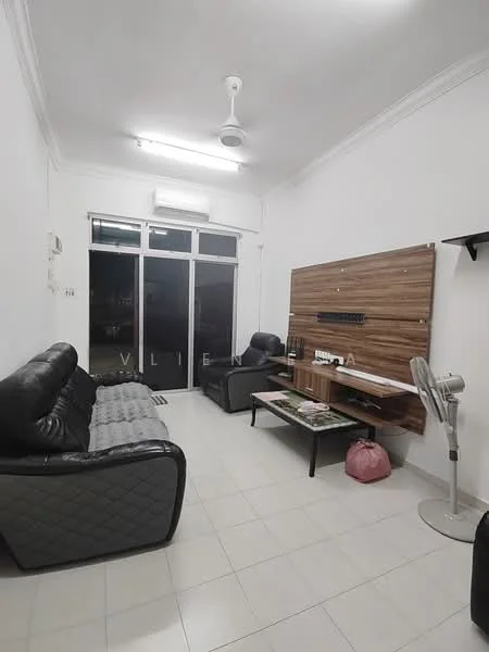 Living features: black leather sofa, grey fabric sofa, coffee table, wall-mounted TV console, ceiling fan, air conditioning unit, white painted walls, tile flooring, large sliding glass door, natural light from windows, decorative wall paneling; style: modern.