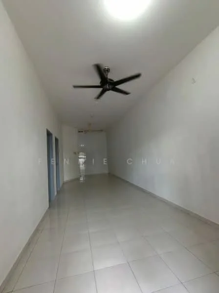 Room features: white painted walls, polished ceramic tile flooring, 5-blade ceiling fan, recessed ceiling lights, long hallway layout; style: modern.