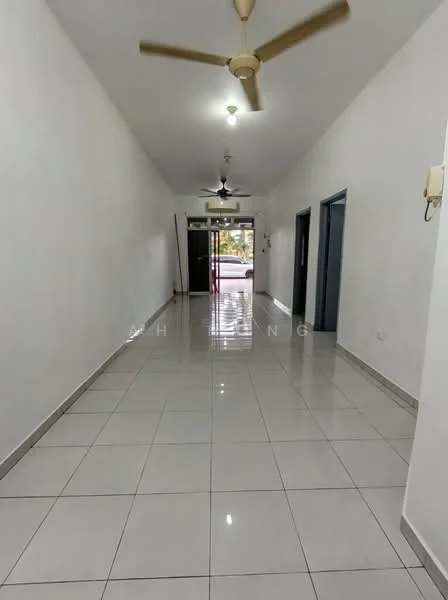 Hallway features: white painted walls, glossy ceramic tile flooring, 2 ceiling fans, recessed downlights, glass door entrance, door frames in dark color, intercom panel, open layout; style: modern.