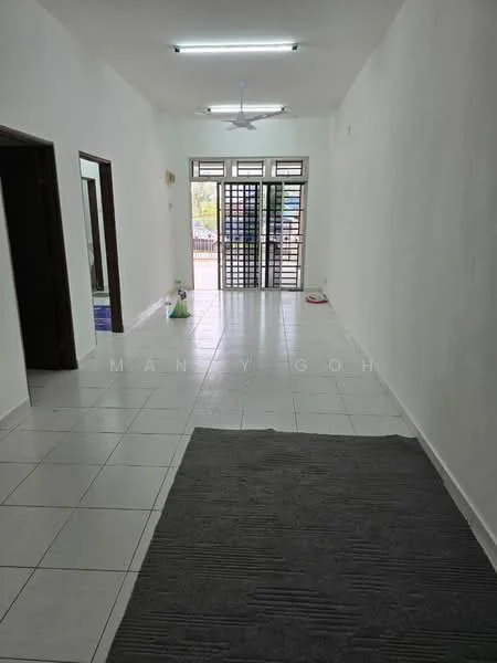 Room features: white painted walls, tile flooring, ceiling lights, ceiling fan, large windows, double doors, door frame, area rug.