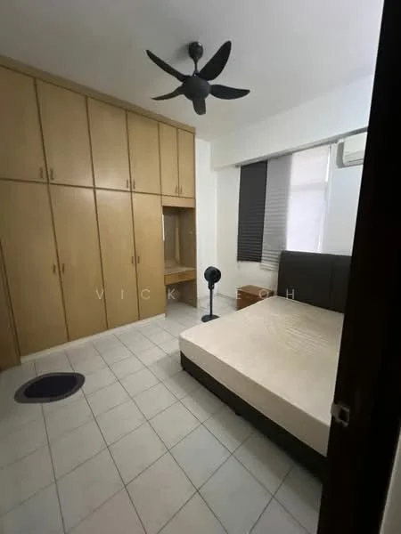 Bedroom features: queen-size bed, upholstered headboard, built-in wardrobe with wooden finish, study desk, ceiling fan, window with blinds, tile flooring, wall-mounted air conditioning unit, decorative floor mat; style: modern.