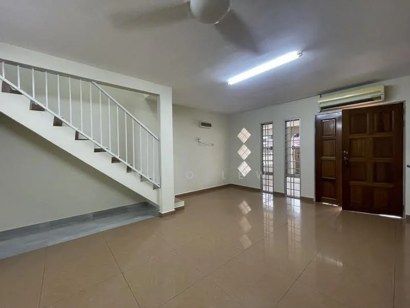 Living features: cream painted walls, glossy beige tile flooring, ceiling fan, wall-mounted air conditioning unit, wooden front door, staircase with wooden steps and white railing, large windows with diamond-shaped panes, natural light from windows; style: modern.