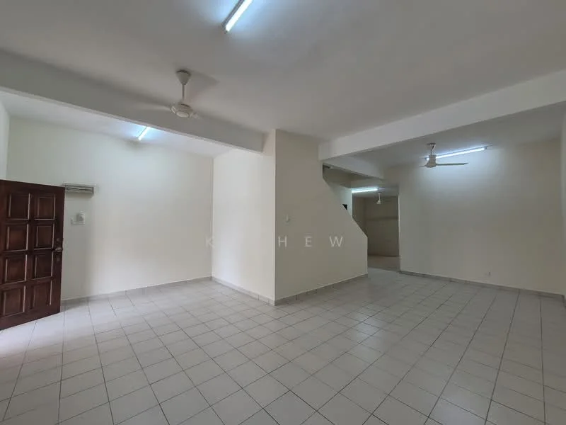 Room features: white painted walls, tile flooring, 2 ceiling fans, fluorescent lighting, open layout, corner staircase, no visible furniture, neutral color scheme; style: minimalist.