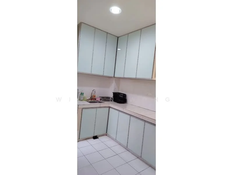 Kitchen features: light-colored cabinetry with glass fronts, white countertop, built-in microwave, stainless-steel sink, white tiled flooring, recessed ceiling lights, wall-mounted cabinet, counter space, kitchen appliances visible; style: modern.