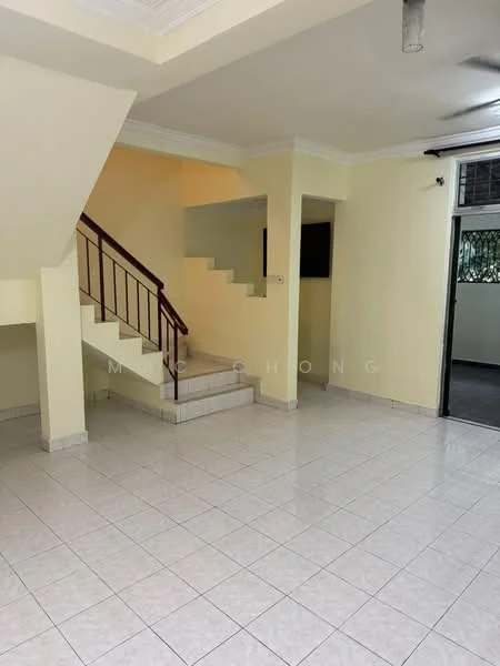 Room features: white painted walls, cream tiled flooring, staircase with wooden railing, recessed ceiling lights, large window for natural light, open layout, corner for potential furniture placement, neutral color scheme; style: modern.