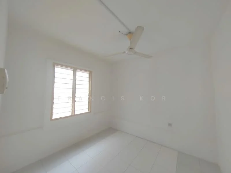 Room features: white painted walls, white ceiling, sliding window with horizontal slats, light-colored tile flooring, ceiling fan.