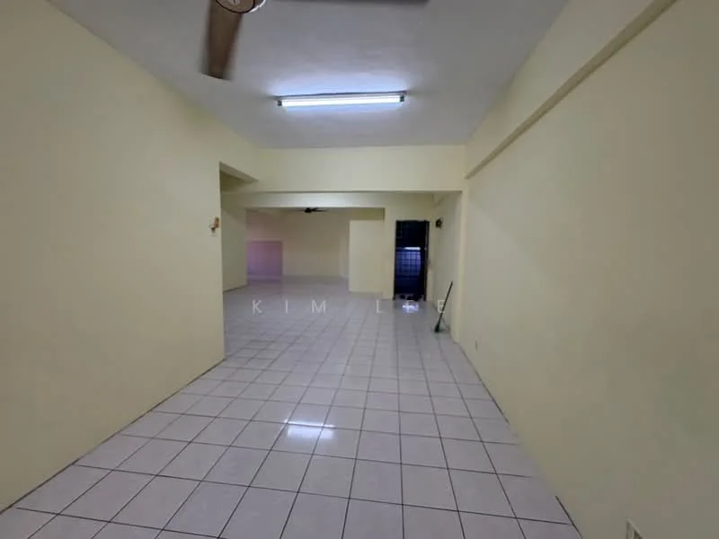 Room features: light yellow painted walls, white tiled flooring, ceiling with fluorescent lighting, open layout, large windows, no visible furniture, clean and uncluttered space, high ceiling; style: modern.