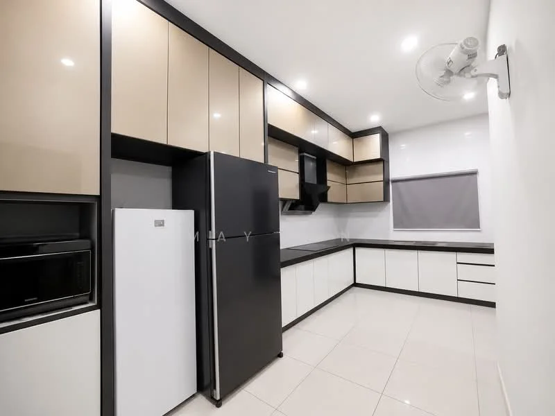 Kitchen features: black stainless-steel fridge, white single-door fridge, black countertop, cream high-gloss cabinetry, black lower cabinets, built-in microwave, wall-mounted extractor hood, ceramic tile flooring, recessed LED downlights, window with grey roller blinds, open shelving, kitchen sink; style: modern.