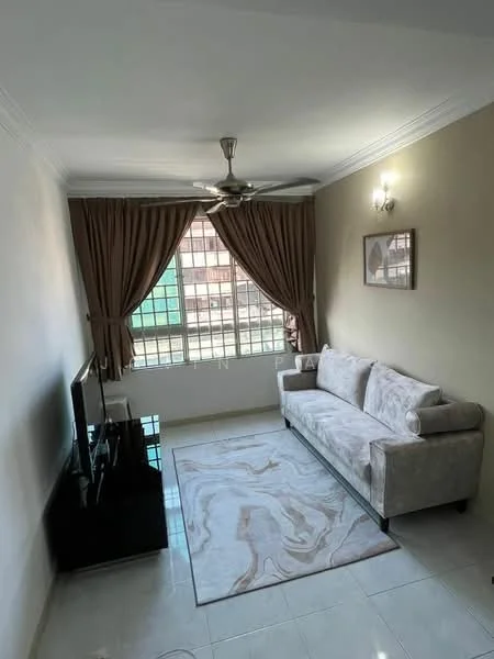 Living features: 3-seater fabric sofa in light grey, wall-mounted TV, black TV console, area rug with marble pattern, ceiling fan with light, curtains in brown, white painted walls, glossy tile flooring, large window with city view; style: modern; view: city.