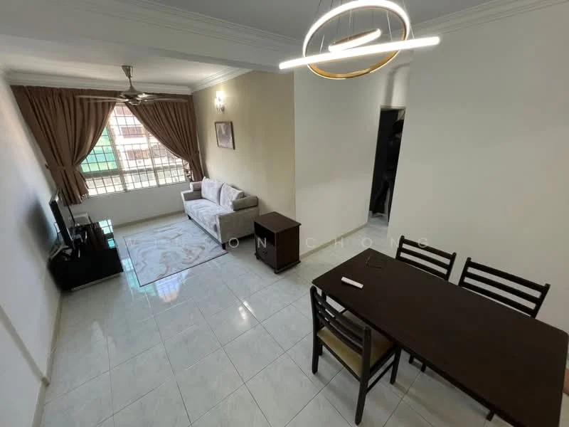 Living features: 3-seater fabric sofa in light grey, coffee table, TV console, wall-mounted TV, area rug with geometric pattern, floor-to-ceiling windows, sheer curtains, ceiling fan with light, white painted walls, tile flooring, decorative wall art; style: modern; view: city. Dining features: 6-seater dining table, wooden dining chairs, tabletop with smooth finish, white painted walls, tile flooring; style: modern.