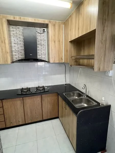 Kitchen features: laminate cabinetry in wood finish, black granite countertop, double-bowl stainless-steel sink, chrome pull-down faucet, built-in gas hob with two burners, black range hood, white tiled backsplash, white tiled walls, white tiled flooring, open shelving above countertop; style: modern.