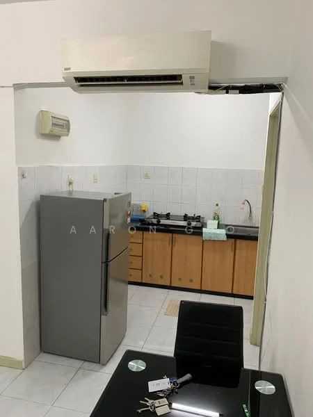Kitchen features: grey fridge, black countertop, wood cabinetry, stainless-steel sink, chrome faucet, gas stove with burners, white tiled walls, white tiled flooring, wall-mounted split AC, kitchen exhaust hood, dining table with black chairs; style: modern.
