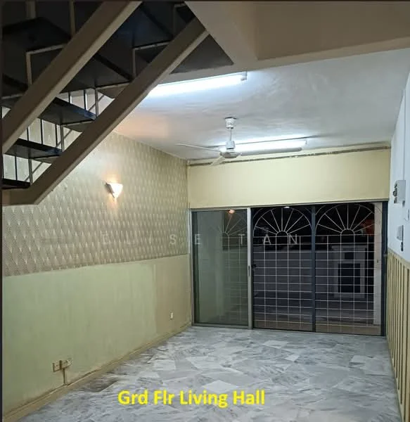 Living features: marble flooring, white painted walls, textured wall paneling, ceiling fan, sliding glass door, metal security grille, wall-mounted air conditioning unit, recessed lighting; style: modern.