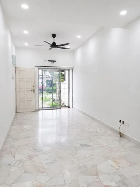 Room features: white painted walls, marble tile flooring, 5-blade ceiling fan, sliding glass door, floor-to-ceiling windows, natural light from windows, door with panel design, light fixtures in ceiling; style: modern; view: garden.