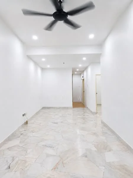 Room features: white painted walls, marble tile flooring, recessed LED downlights, 5-blade ceiling fan, doorway leading to another room, open layout, smooth ceiling, neutral color scheme; style: modern.