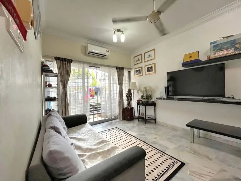 Living features: 3-seater fabric sofa in grey, area rug with geometric pattern, wall-mounted TV, TV console, ceiling fan with light, marble flooring, decorative wall art, floor-to-ceiling windows with grille, sliding glass door, sheer curtains, air conditioning unit; style: modern; view: garden.
