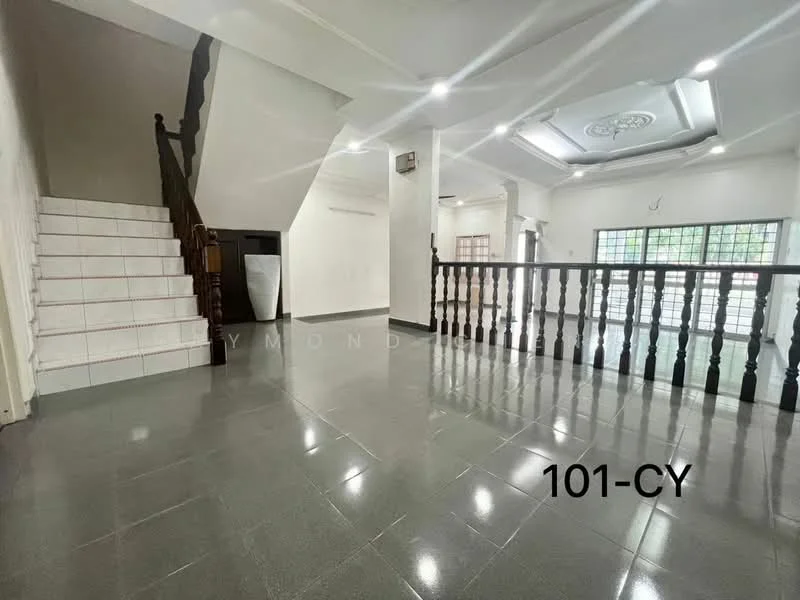 Room features: white painted walls, grey tiled flooring, staircase with wooden railing, recessed downlights, tray ceiling with decorative design, large windows for natural light, open space layout, corner space for furniture arrangement; style: modern.