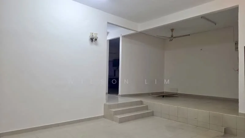 Room features: white painted walls, tile flooring, ceiling fan, step-up platform, neutral color scheme, open layout, no visible furniture, minimal decor; style: modern.