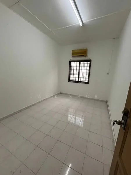 Room features: white painted walls, glossy white floor tiles, 1 wall-mounted split AC, window with grid pattern, ceiling lights, neutral color scheme, no visible furniture, single door, corner placement of window; style: minimalist.