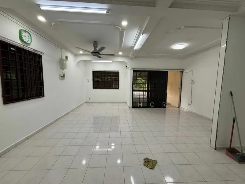 Living features: white painted walls, glossy ceramic tile flooring, tray ceiling with recessed lighting, 5-blade ceiling fan, floor-to-ceiling windows, black security grille, wall-mounted air conditioning unit, clock on wall; style: modern; view: garden.