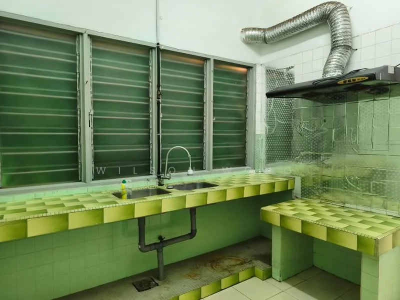 Kitchen features: green tiled countertops, double-bowl stainless-steel sink, chrome pull-down faucet, green tiled backsplash, exposed ducting, wall-mounted range hood, sliding windows, green tiled flooring, built-in seating area, metallic wall cladding.