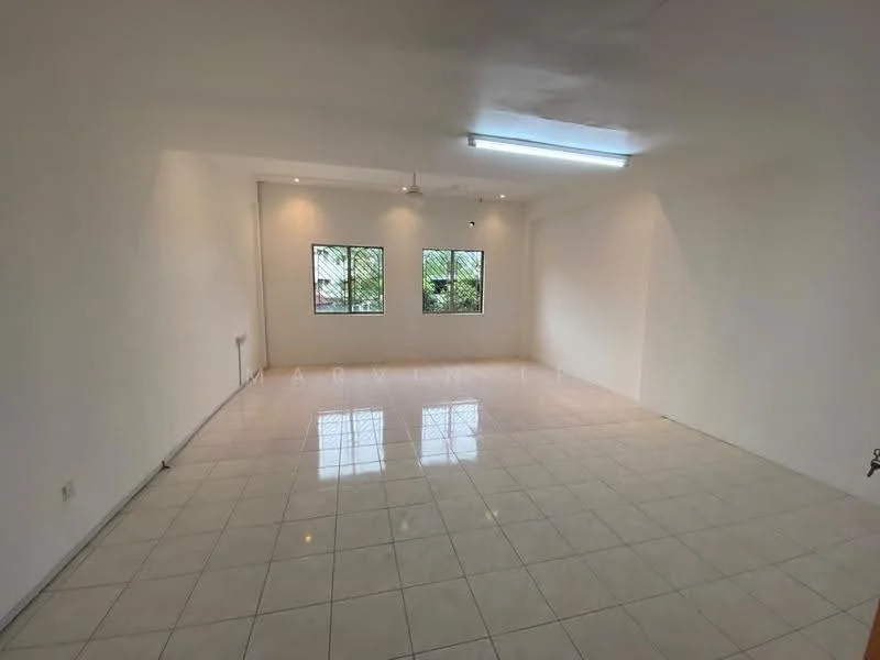 Room features: white painted walls, glossy ceramic tile flooring, ceiling lights, 2 windows with grid pattern, neutral color scheme, no visible furniture, open layout, natural light from windows; style: modern; view: garden.