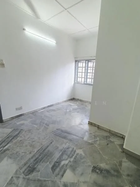 Room features: white painted walls, marble flooring, window with metal grille, ceiling light fixture, corner room, natural light from window.