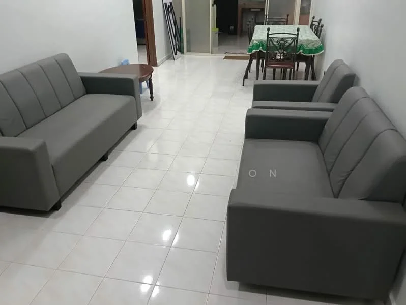 Living features: 2 grey fabric sofas, white tiled flooring, plain white walls, dining table with chairs in background, wooden coffee table, recessed lighting, open layout, neutral decor; style: modern.
