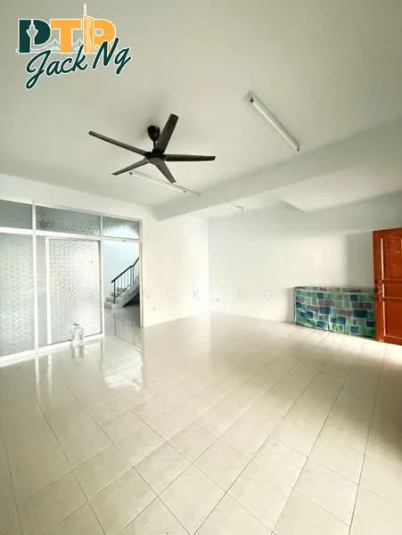 Living features: white painted walls, polished tile flooring, 5-blade ceiling fan, large glass sliding door, staircase visible in background, built-in cabinet with blue tiles, recessed lighting, natural light from windows; style: modern.