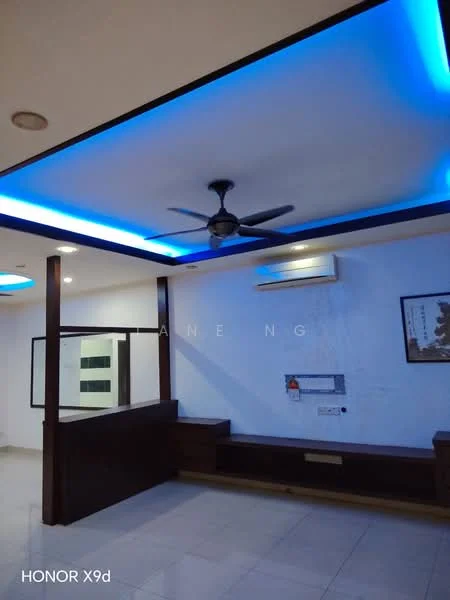 Living features: white painted walls, glossy tile flooring, tray ceiling with LED strip lighting, 5-blade ceiling fan, wall-mounted air conditioning unit, built-in wooden cabinetry, TV console, decorative wall art; style: modern.