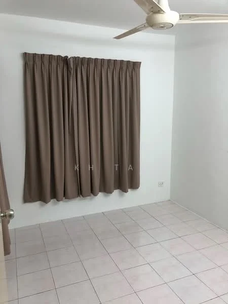 Room features: white painted walls, cream curtains, tiled flooring, ceiling fan, single window, empty space.