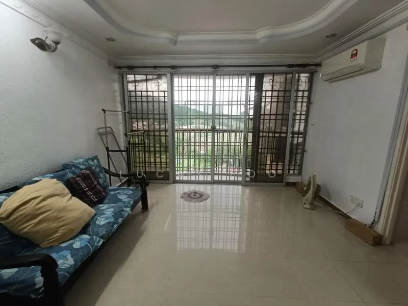Living features: sofa with blue floral upholstery, cushions in cream and brown, white painted walls, glossy tile flooring, floor-to-ceiling windows, metal grilles on windows, air conditioning unit, ceiling with decorative moulding, round area rug, wall-mounted light fixture, sliding door access to outdoor view; style: modern; view: garden.